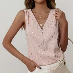 Sleeveless Pink Metallic Printed Zip V-Neck Top